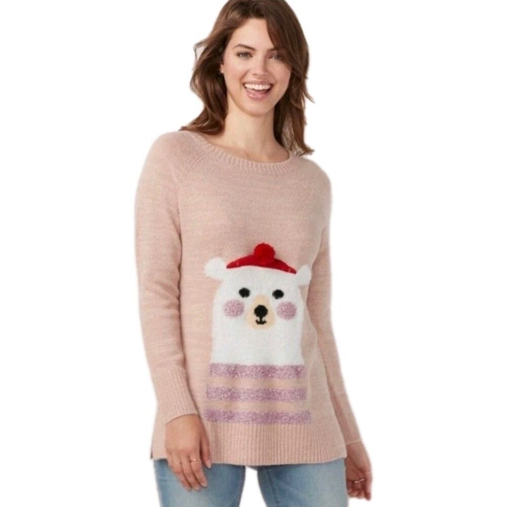 Laura Conrad Women's S Polar Bear Metallic Tinsel Tunic Sweater Peach Pink NWT